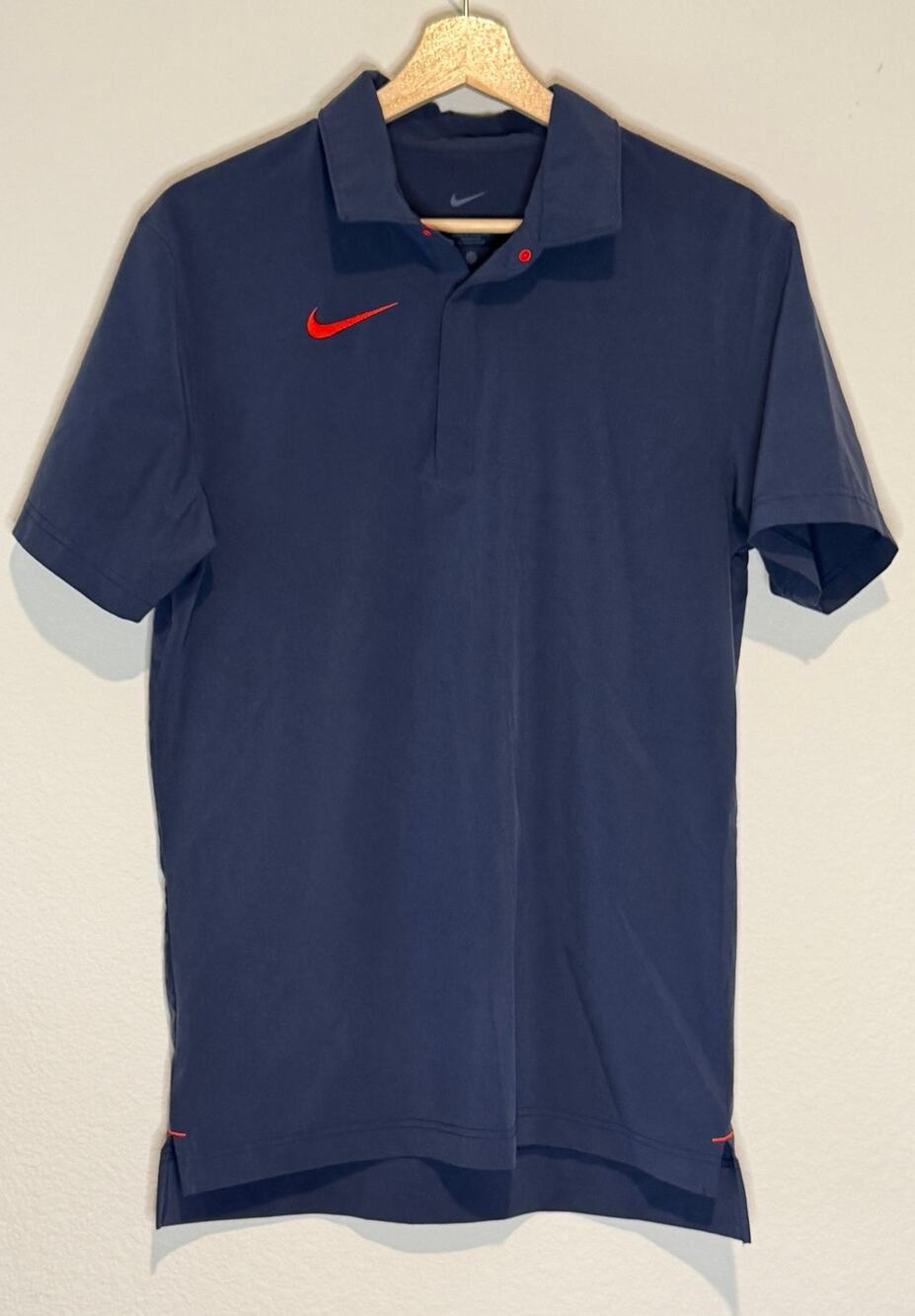 Nike Men's Dri-FIT Sideline Coaches Polo Shirt Navy Blue Orange Swoosh Woven SM